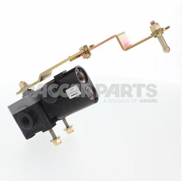 Heavy duty truck control valve with metal bracket, bolts, and threaded ports on white background.