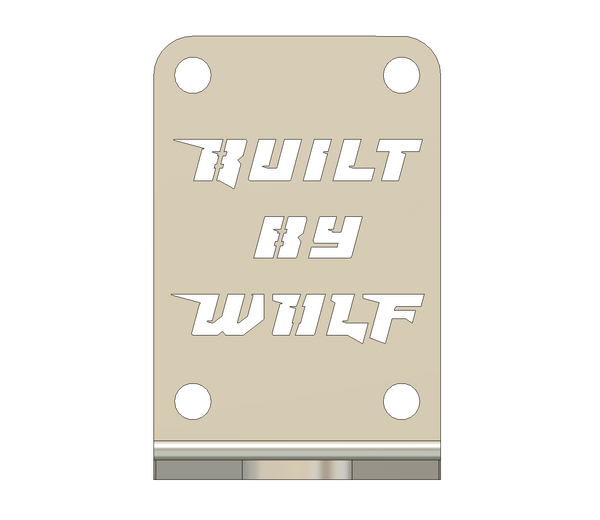 Metal custom truck part with four holes and cutout text, heavy duty fabrication piece